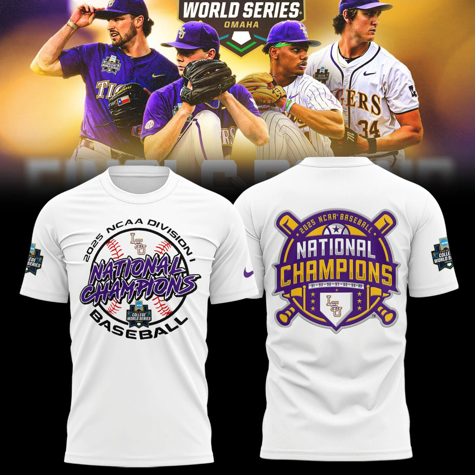 LSU Tigers 2025 NCAA Baseball Men's College World Series Champions White T-Shirt Baseball Enthusiast Gifts