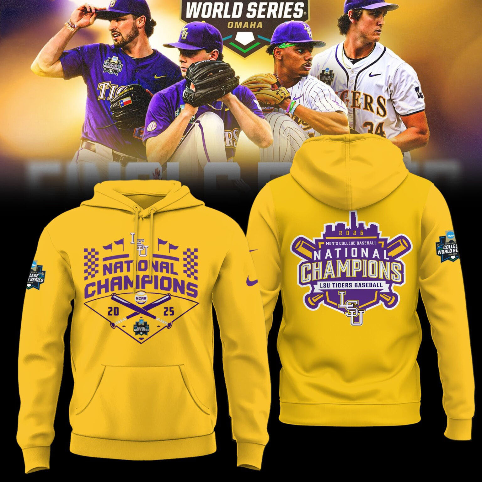 LSU Tigers 2025 NCAA Baseball Men's College World Series Champions Yellow Hoodie Gift For Golfer Dad
