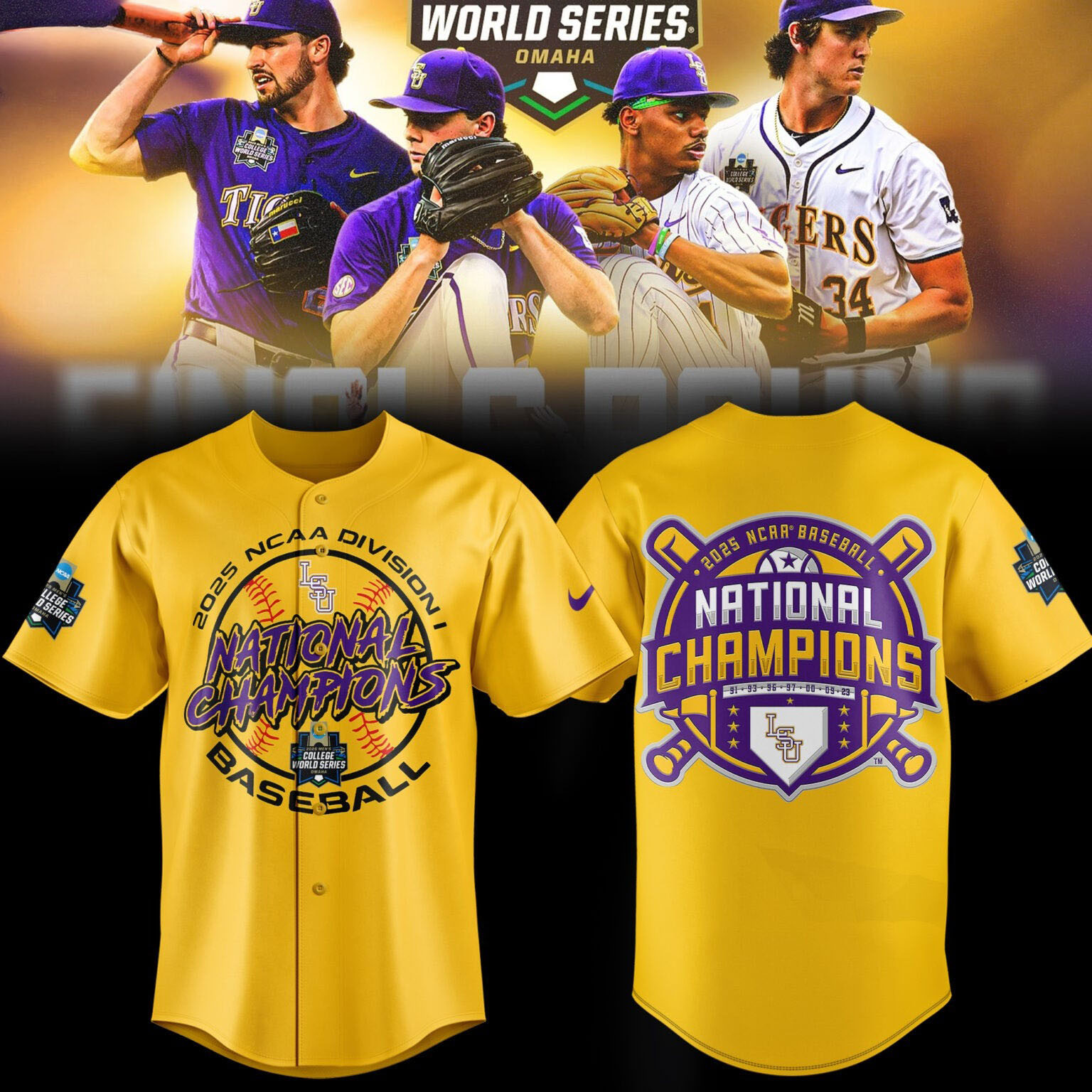 LSU Tigers 2025 NCAA Baseball Men's College World Series Champions Yellow Jersey Cool Baseball Gifts