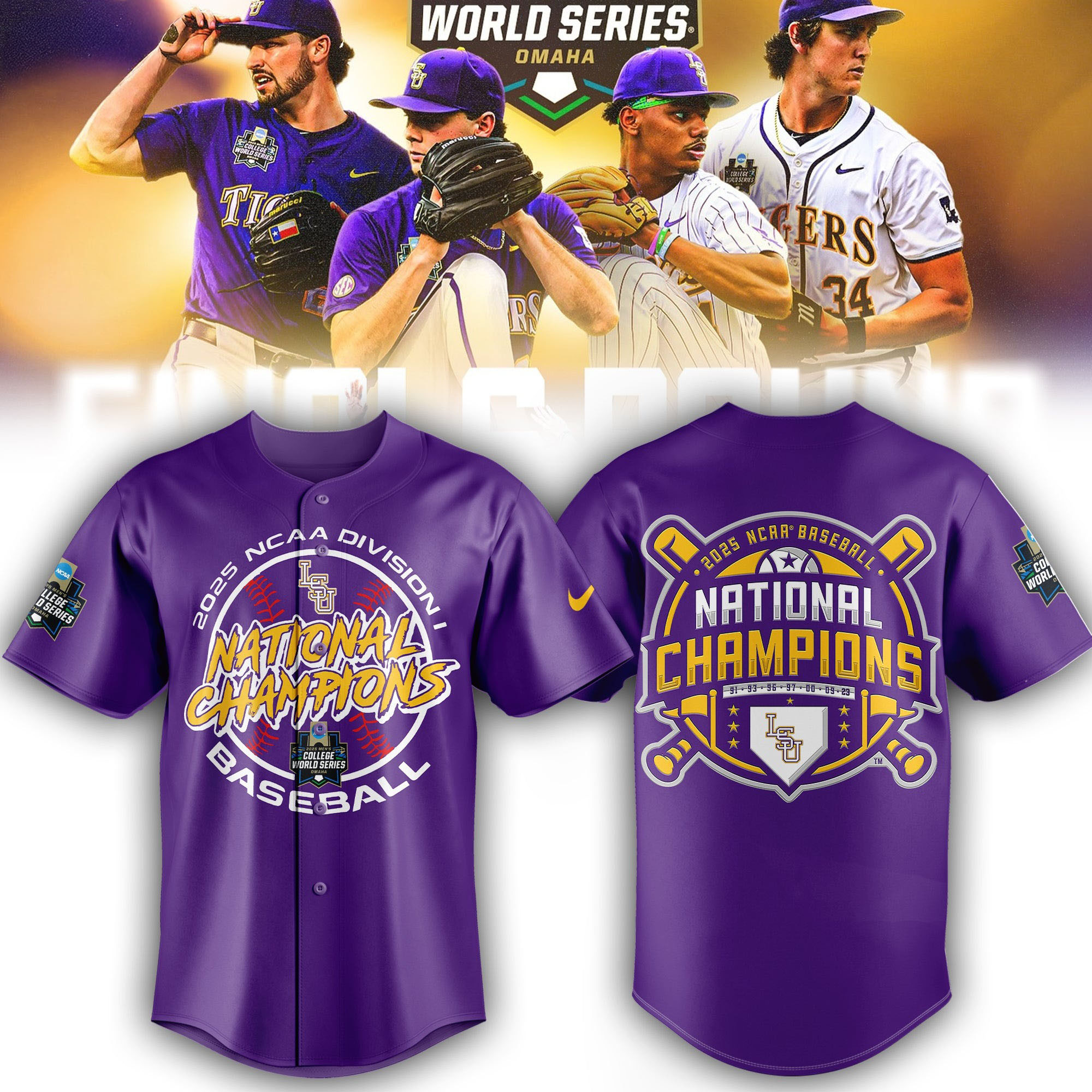 LSU Tigers 2025 NCAA Baseball Men's World Series Champions Jersey Unique Baseball Gifts