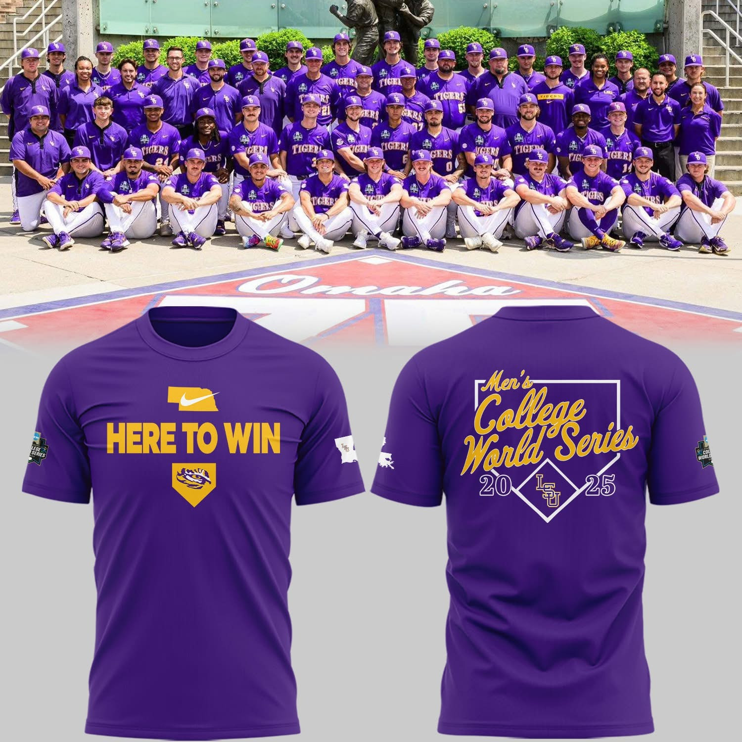 LSU Tigers Baseball Here To Win T-Shirt Purple Men's College World Series 2025 Merch Gifts
