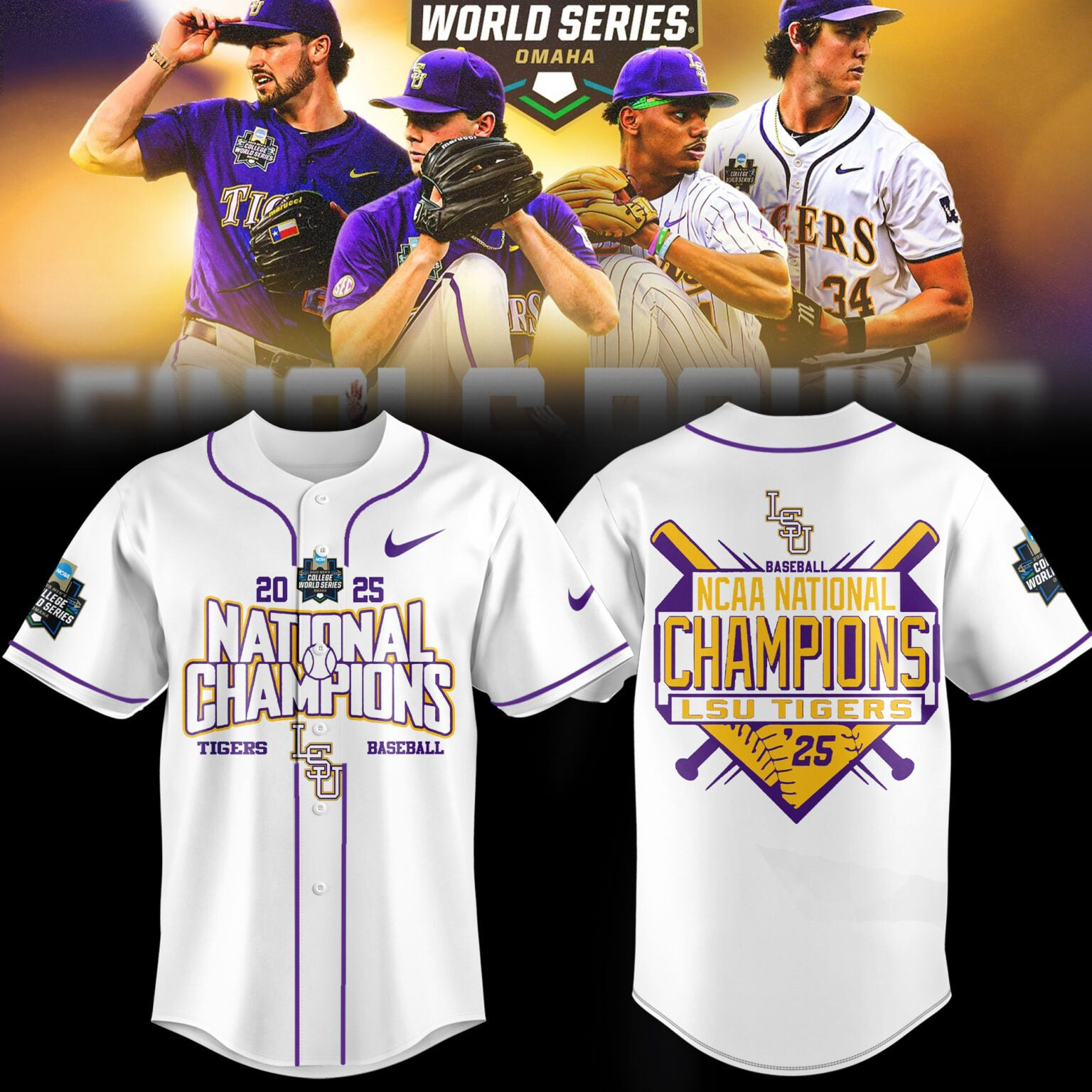 LSU Tigers NCAA 2025 Baseball Men's College World Series Champions White Jersey Cool Baseball Gifts