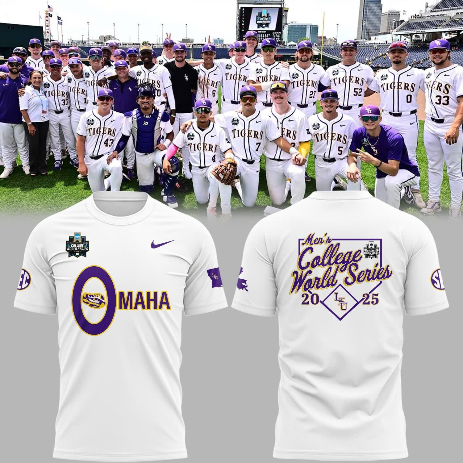 LSU Tigers Omaha T-Shirt Men's College World Series 2025 Merch Baseball Fan Gift Ideas