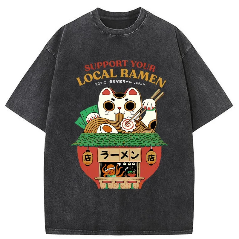Lucky Cat Eating Ramen Mic Washed T-Shirt Casual Oversized Outfit Style Gifts For Sister Lucky Cat Eating Ramen Mic Washed T-Shirt Casual Oversized Outfit Style Gifts For Sister