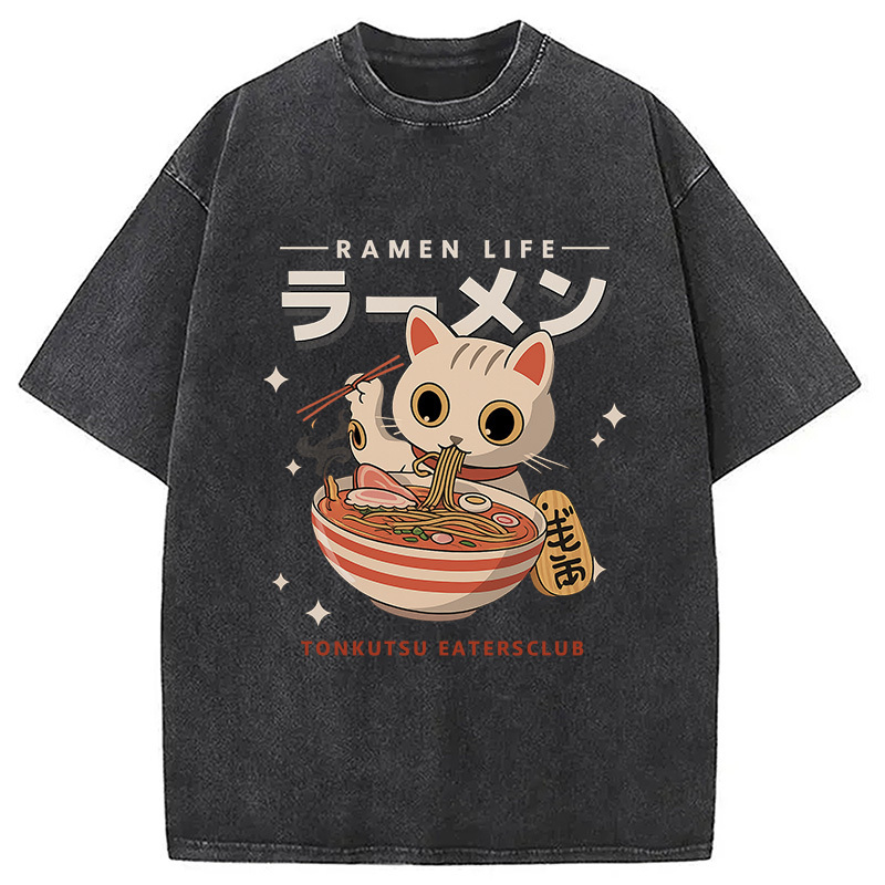 Lucky cat ramen life Washed T-Shirt Soft Cotton Daily Wear Tee Gifts For Brother