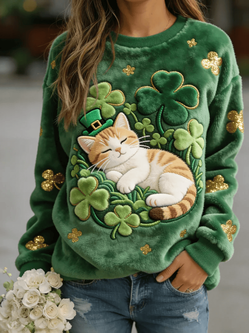 Lucky Cat Shamrock Women Fluffy Sweatshirt St Patrick's Day Green Leprechaun Hat Irish Outfit