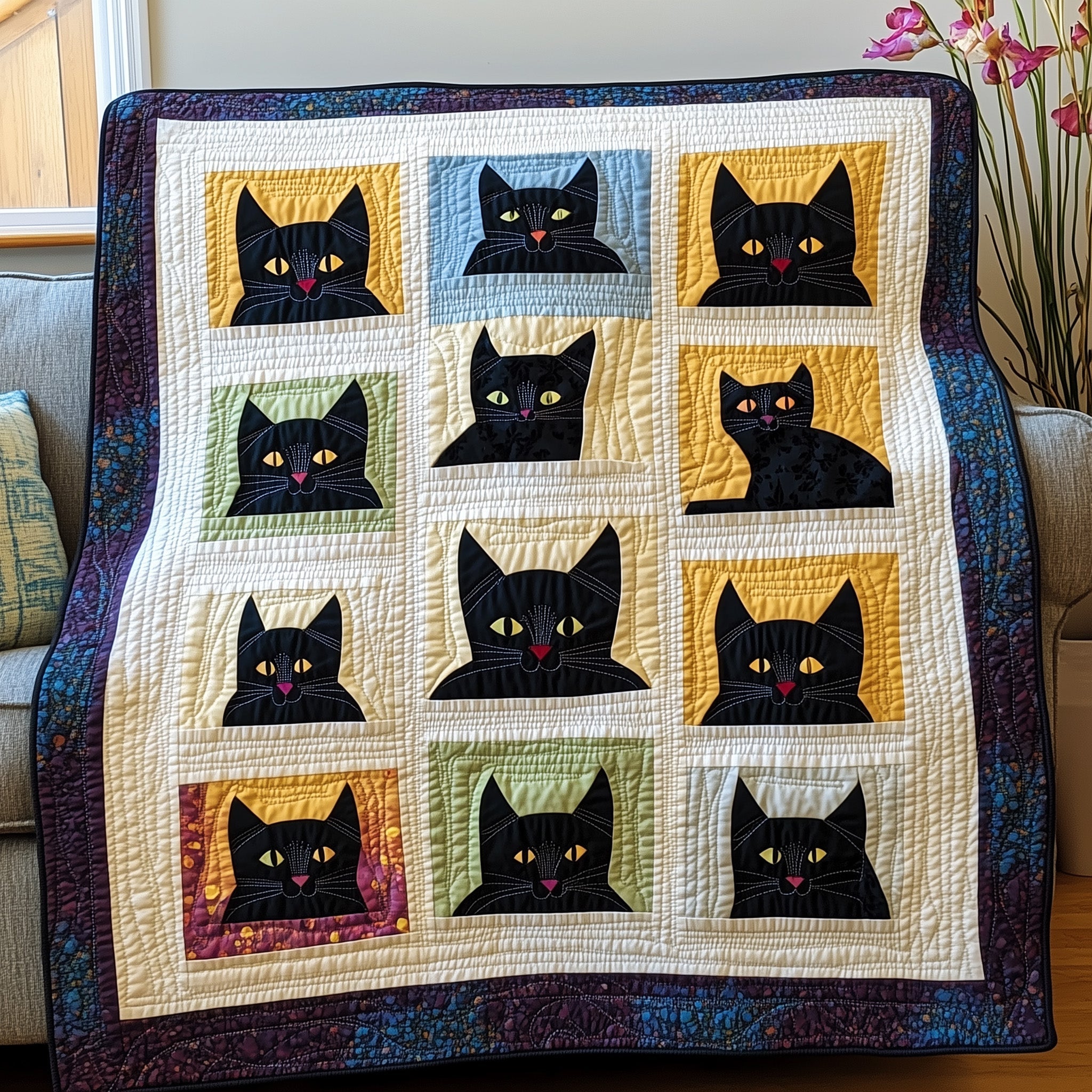 Lucky Charm Cat Quilted Blanket Nice Throw BlanketCat Lover Gifts For Women