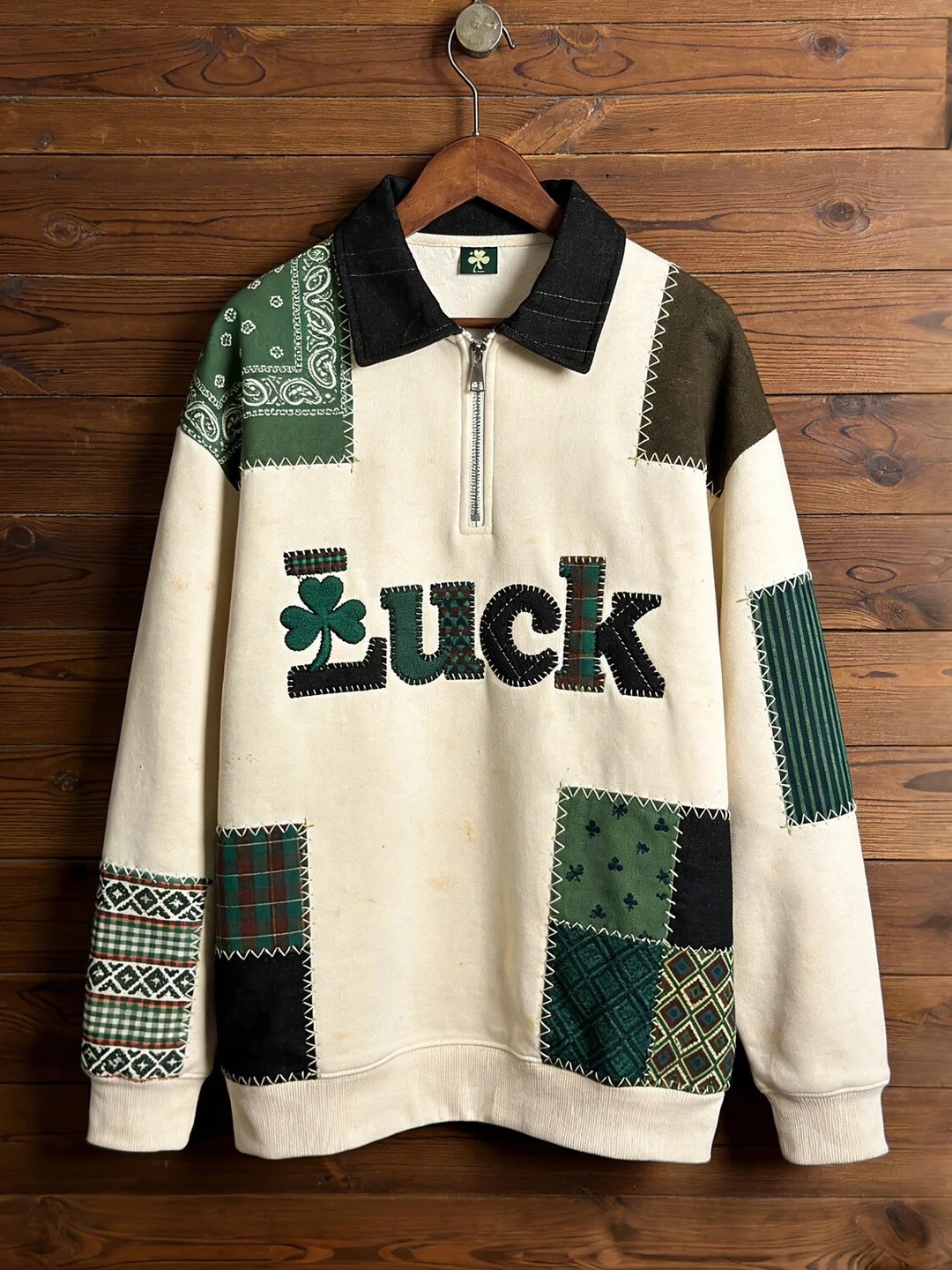 Lucky Clover Patchwork Ethnic Pattern Graphic Half Zip Polo Sweatshirt St Patricks Day Gift Men
