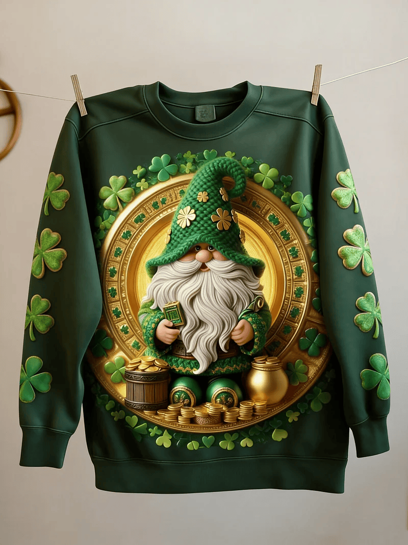 Lucky Irish Gnome Gold Pot Sweatshirt St Patrick's Day Dark Green Shamrock Sleeve Outfit