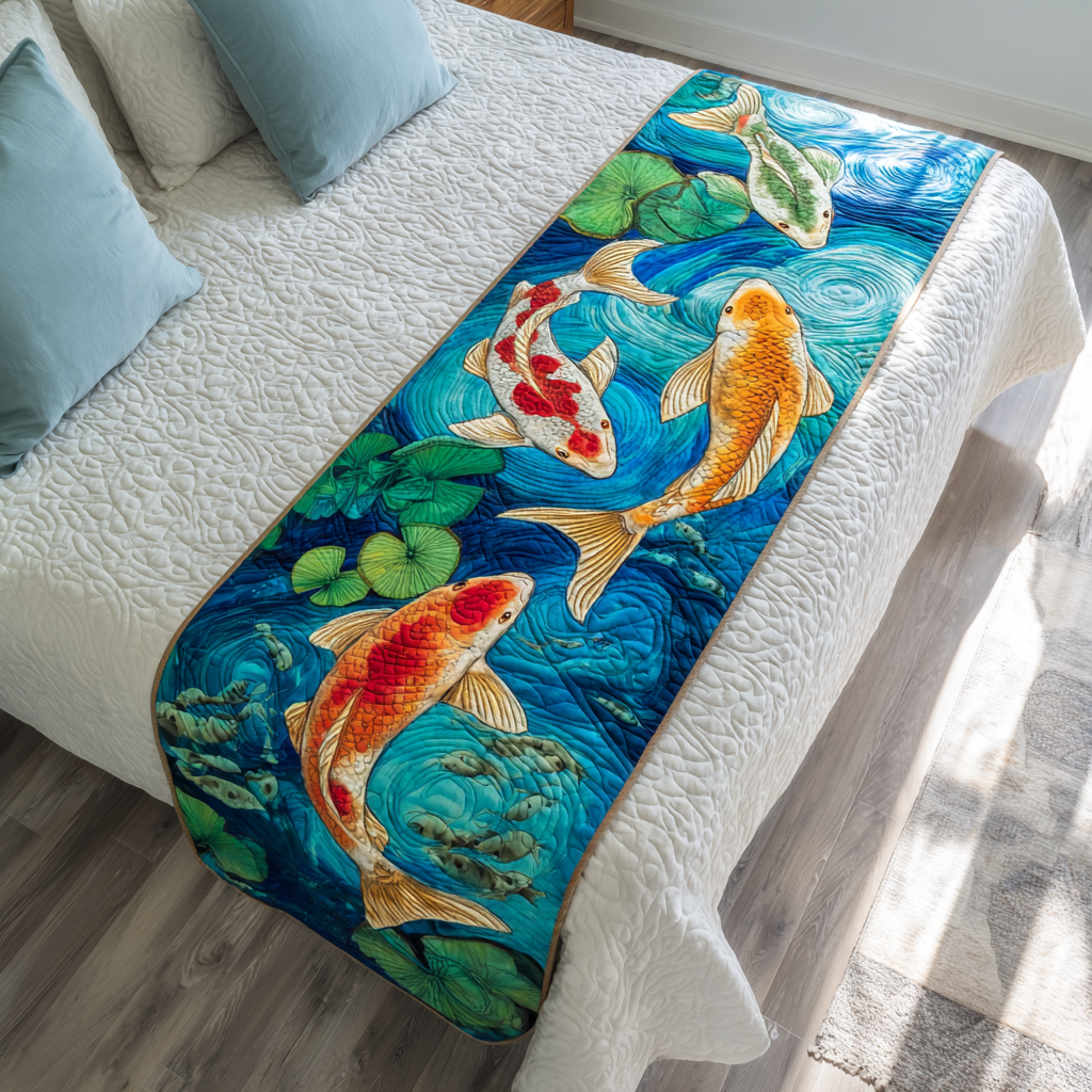 Lucky Koi Quilted Bed Runner Bed Room Decoration Koi Birthday Gift