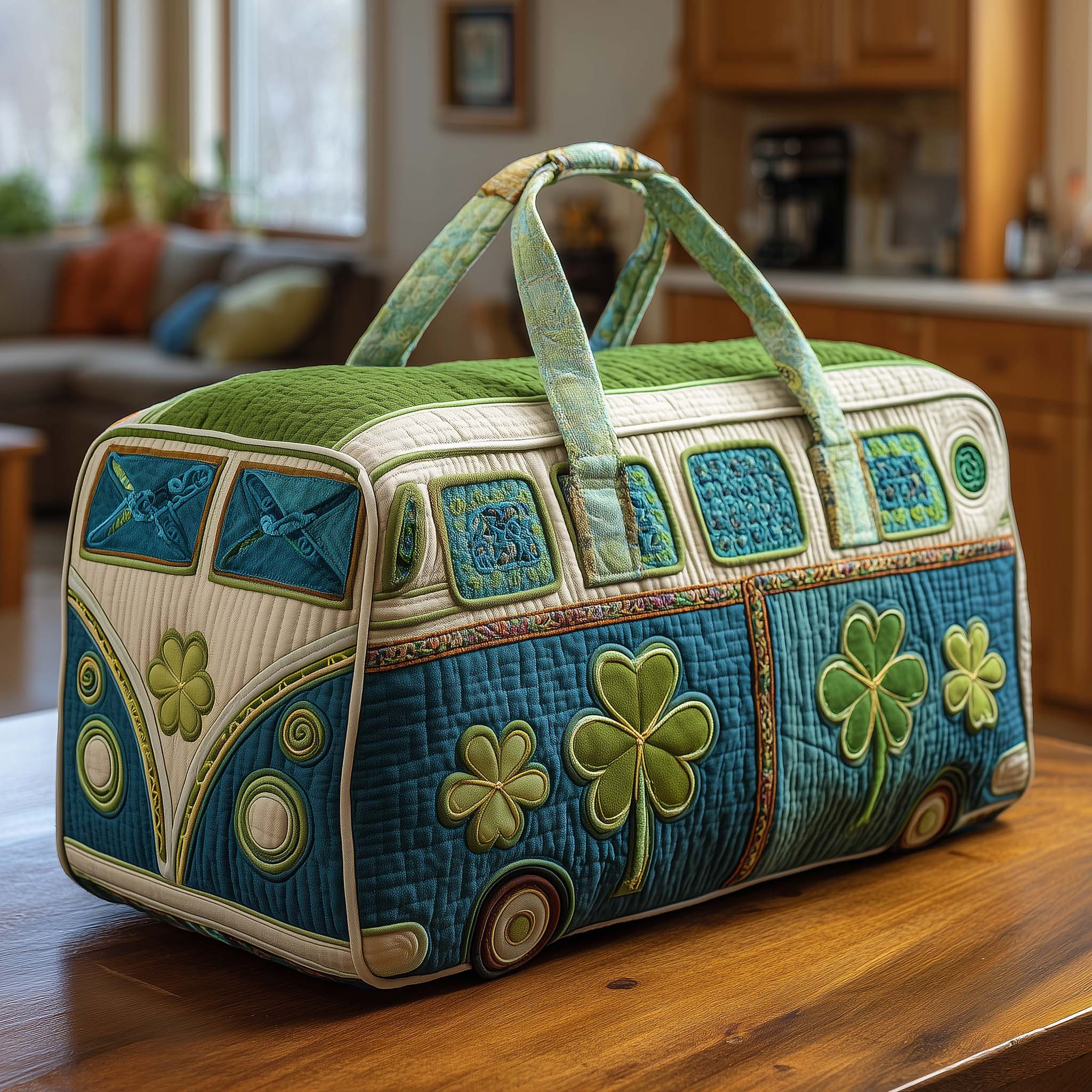 Lucky Shamrock Camper Quilted Duffle Bag Green Clover St Patricks Day Travel Bag