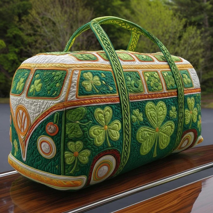 Lucky Shamrock Celtic VW Bus Quilted Duffle Bag St Patricks Travel Bag Best Gift For Irish Lovers