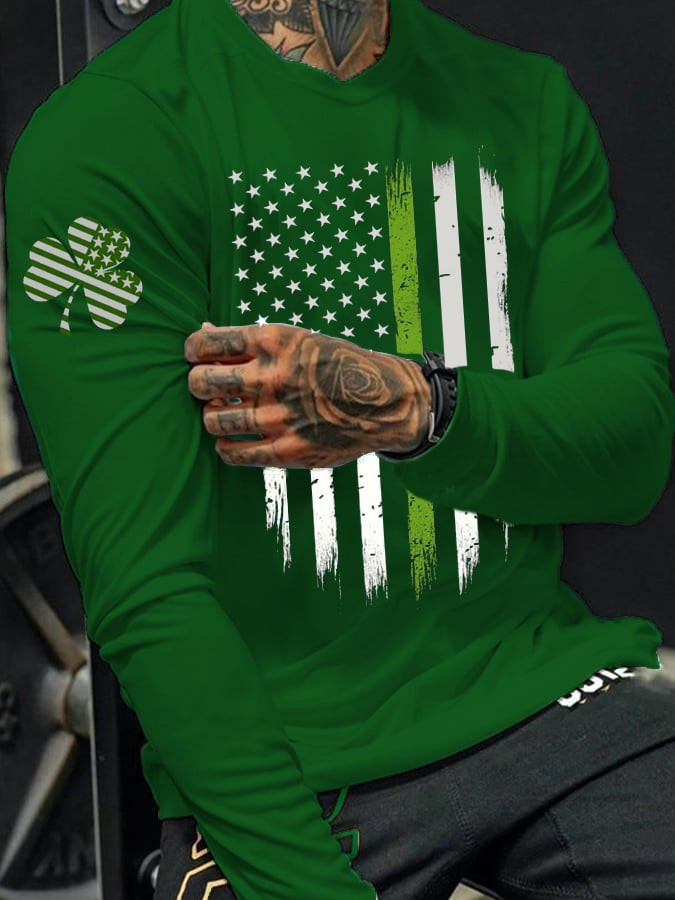 Lucky Shamrock Long Sleeve Shirt American Flag Graphic Design Saint Patricks Day Outfits Gifts