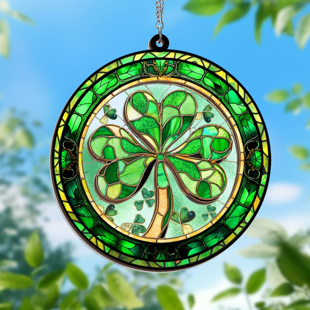 Lucky Shamrock Suncatcher Window Hanging St.Patricks Day Stained Glass Irish Clover Decor Gift