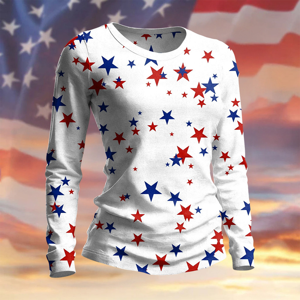 lue Red And White Stars Graphic Long Sleeve Shirt Patriotic Apparel Independence Day 2026 Gift