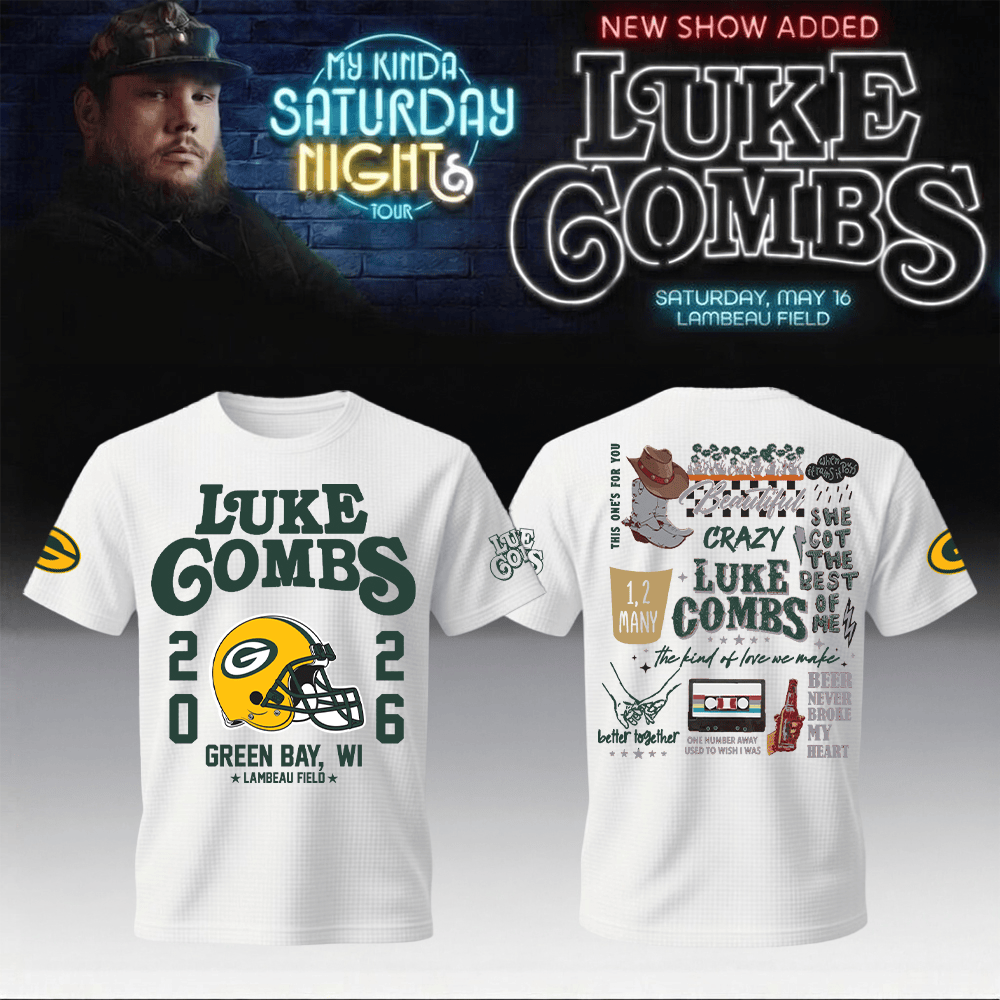 Luke Combs Merch 2026 x Packers T-Shirt My Kinda Saturday Night Tour Tour Logo Clothes