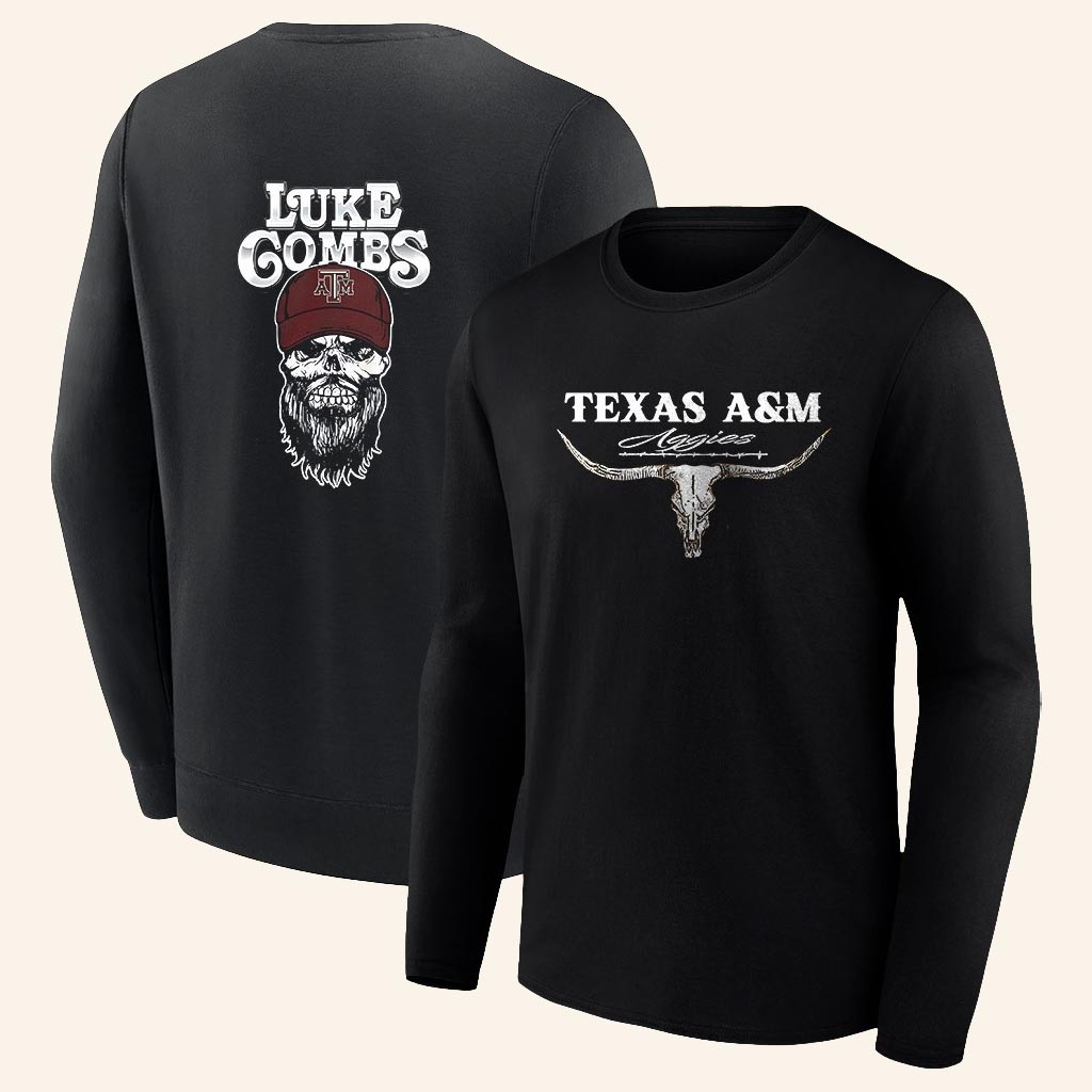 Luke Combs Merch Texas A And M Football X Luke Combs Skull Long Sleeve Shirt Fan Merch Gifts