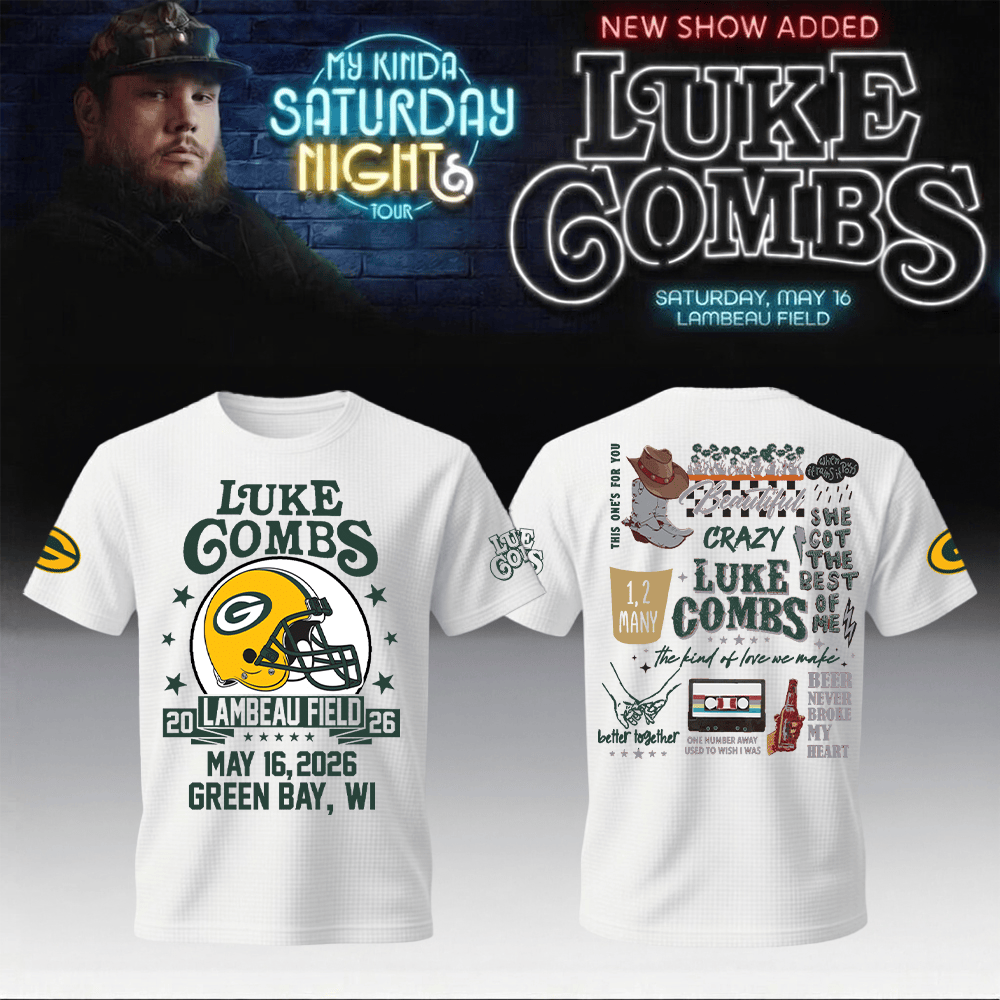Luke Combs Merch x Packers T-Shirt My Kinda Saturday Night Tour 2026 Music Concert Gears