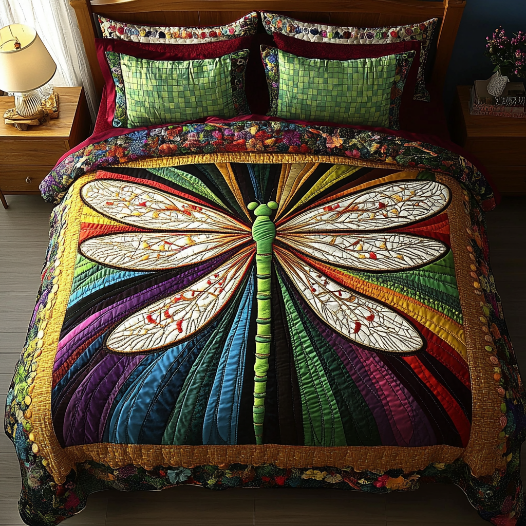 Luminous Flight Quilted Bedding Set Aesthetic Room Decor Best Dragonfly Christmas Gifts