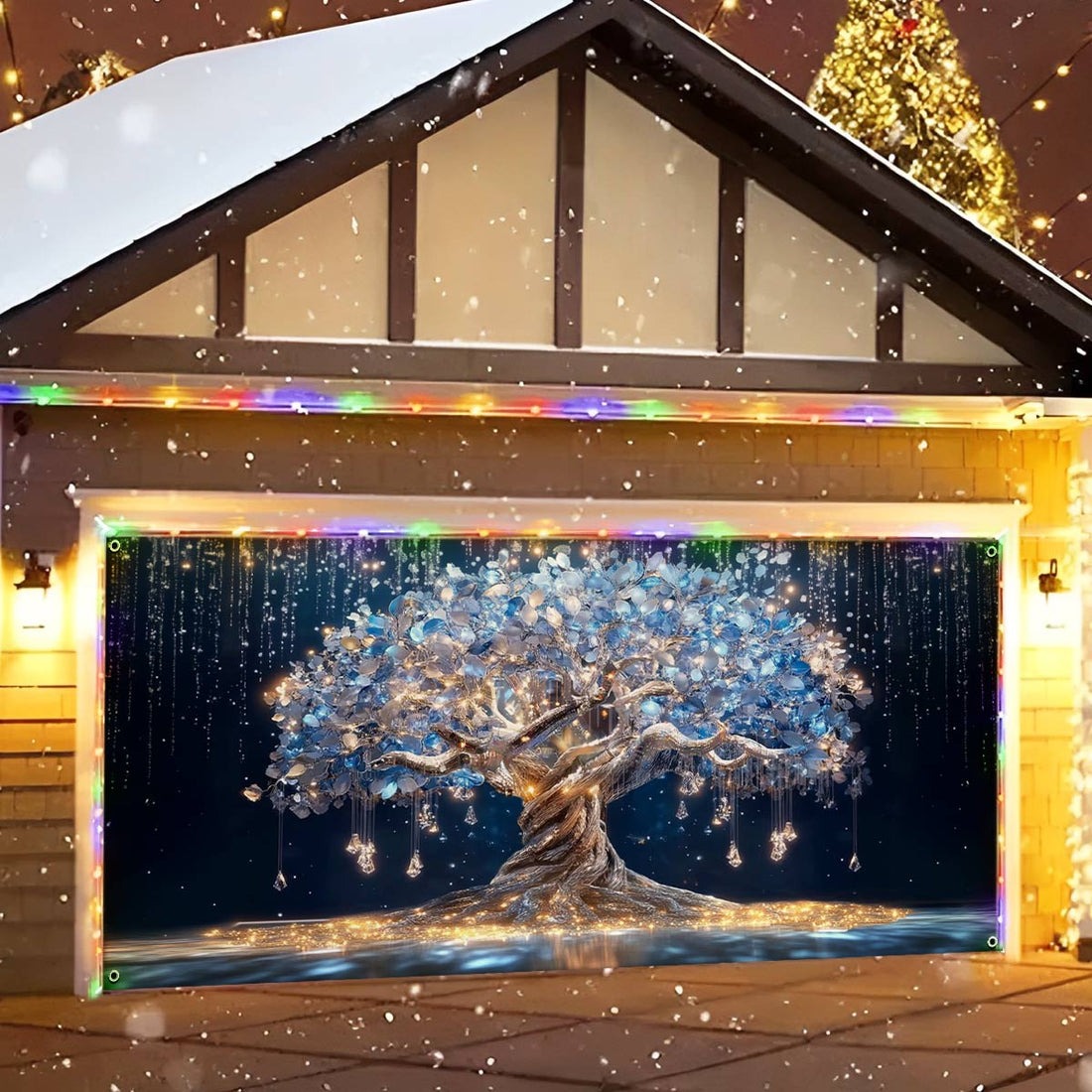 Luminous Tree Of Life Garage Door Cover Glowing Silver Tree Outdoor Decoration Presents
