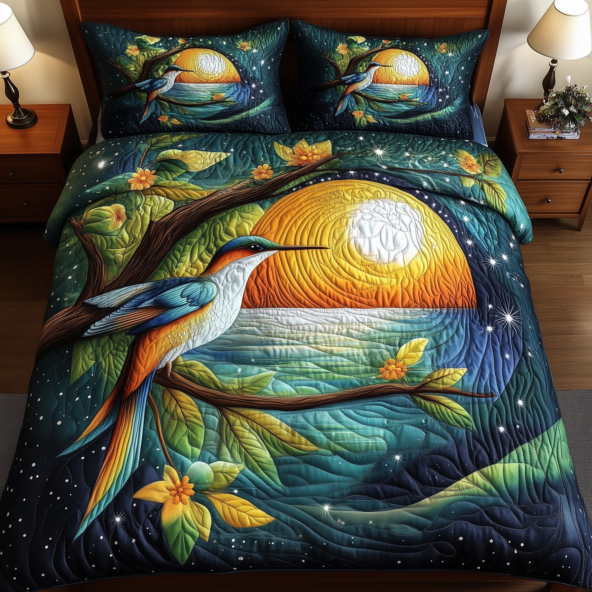 Lunar Bird Quilted Bedding Set Duvet Cover Merchandise Awesome Gifts For Hummingbird Lovers
