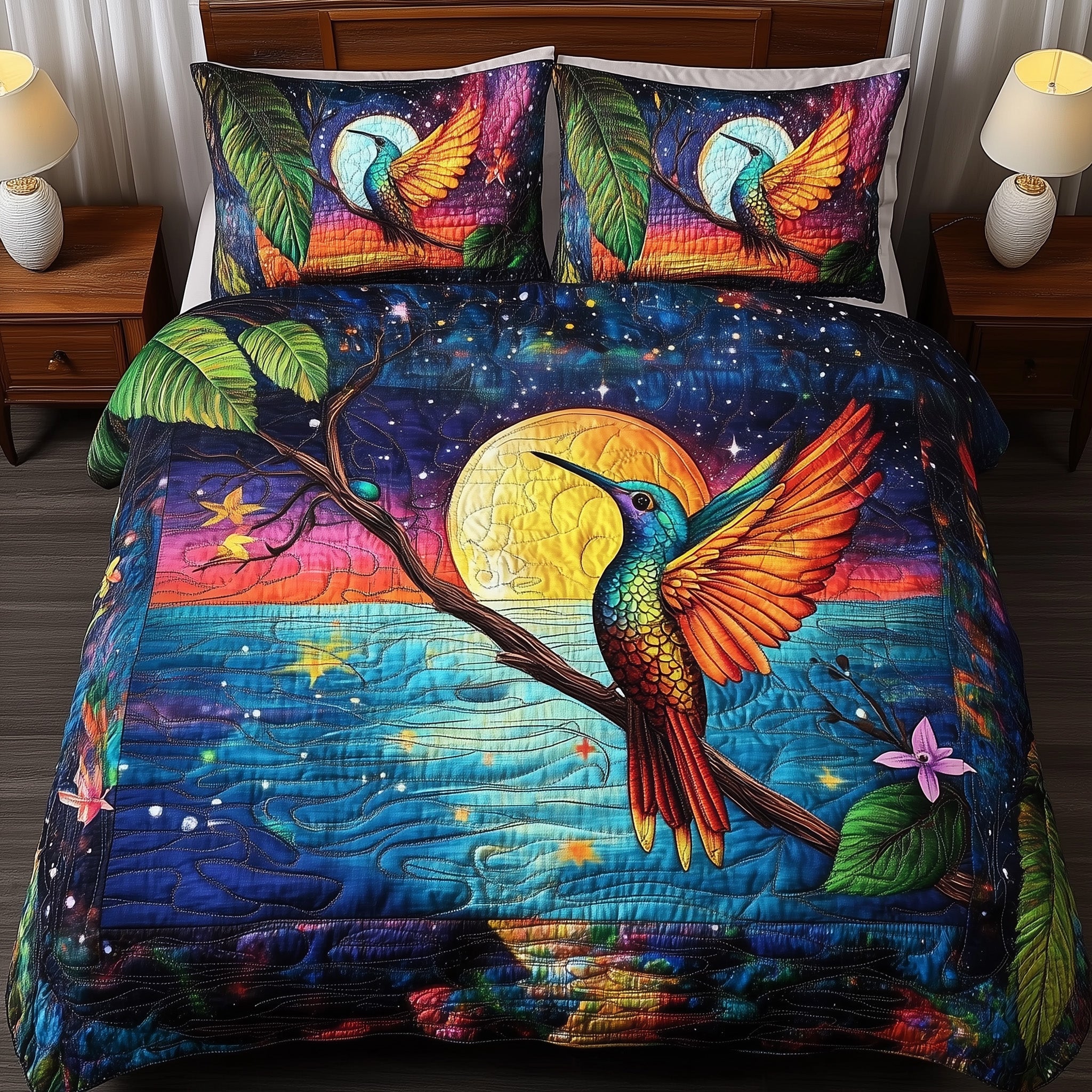 Lunar Bird Quilted Bedding Set Duvet Cover Merchandise Hummingbird Themed Gifts