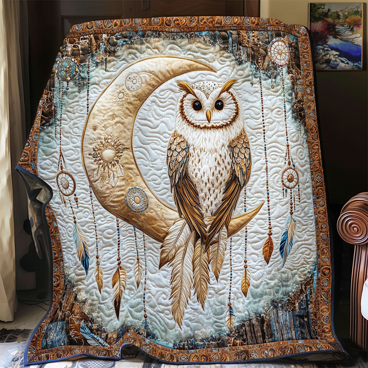 Lunar Dreamcatcher Owl Quilted Blanket Best Throw Blanket Unique Gifts For Owl Lovers