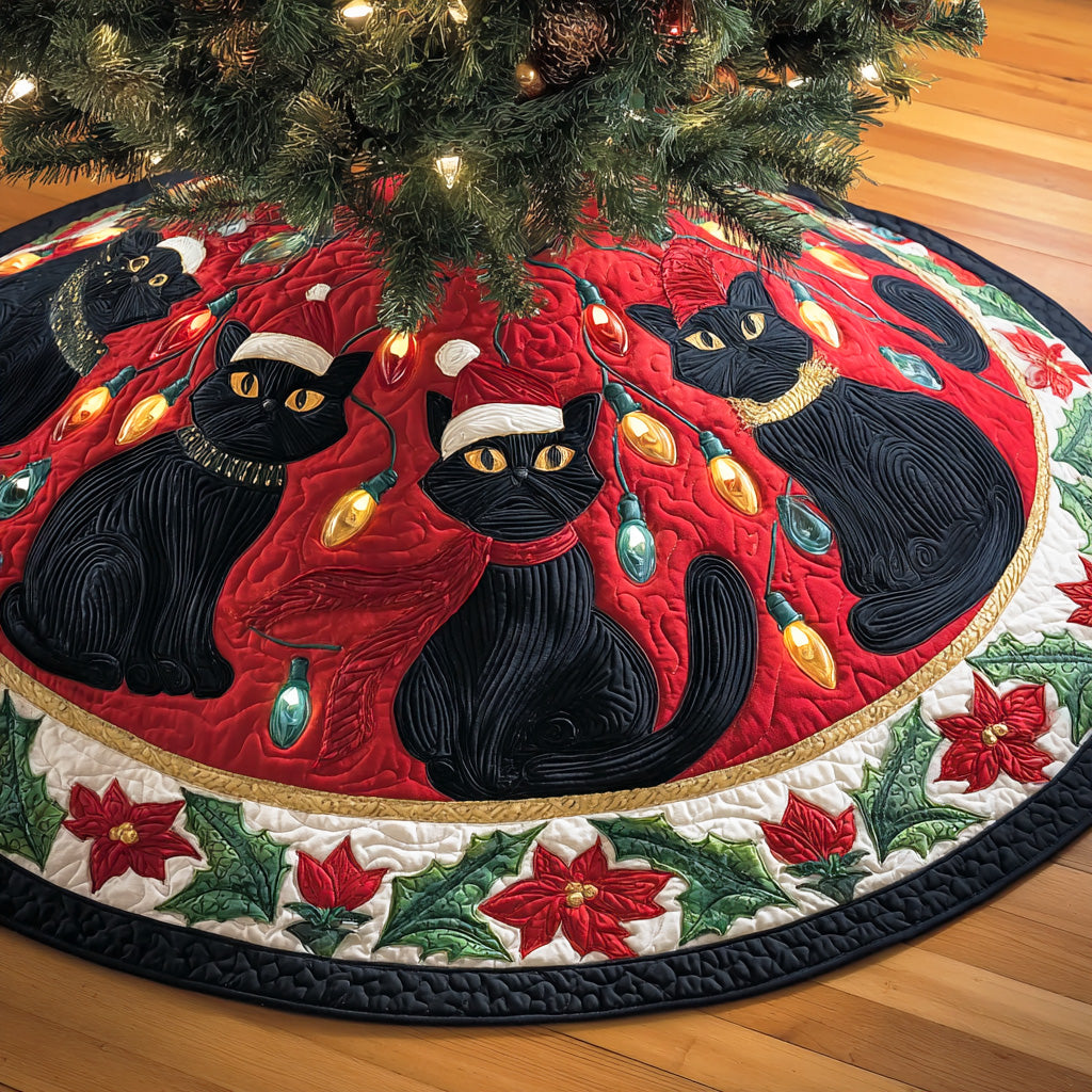 Lunar Gaze Christmas Quilted Tree Skirt Holiday Season Black Cat Presents