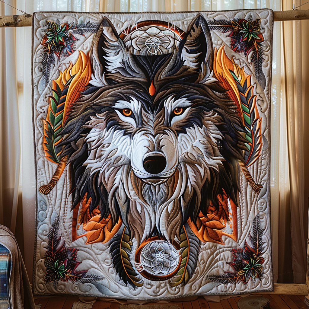 Lunar Guardian Quilted Blanket Unique Wolf Blanket Wolf Gifts For Him
