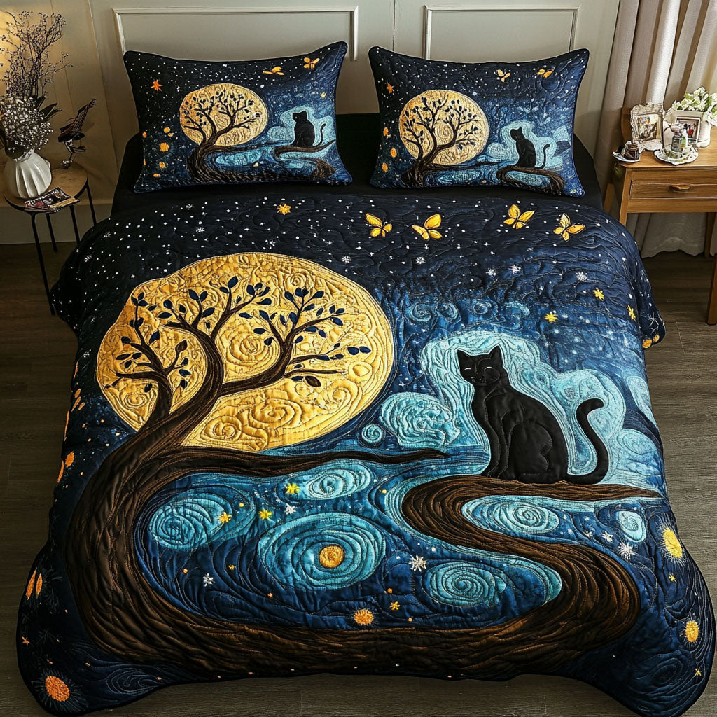 Lunar Lurker Quilted Bedding Set Bed Decor Gifts For Black Cat Owners