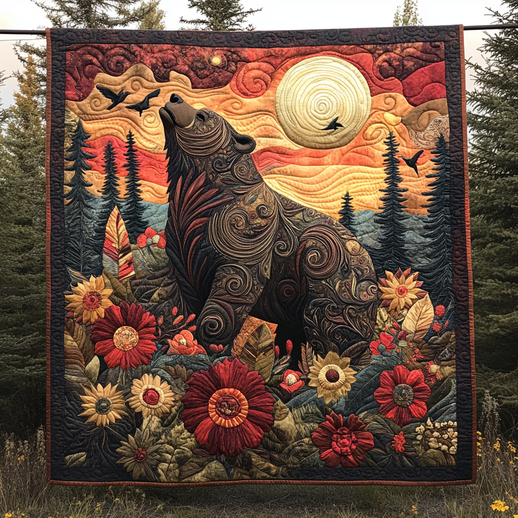 Lunar Sentinel Bear Quilted Blanket Native American Gifts