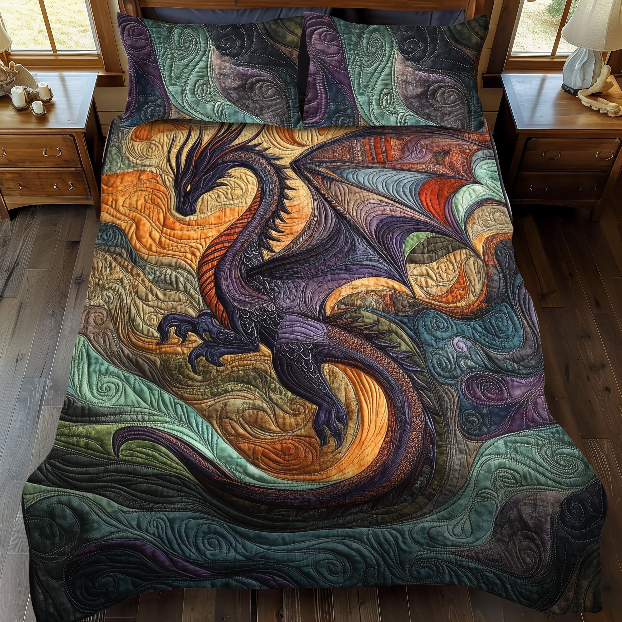 Lunar Serpent Quilted Bedding Set Dragon Duvet Cover Presents For Dragon Lovers