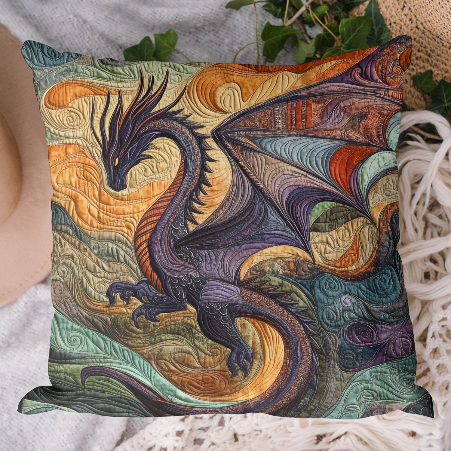 Lunar Serpent Quilted Pillow Case Xmas Pillow Cover for Holiday Decor