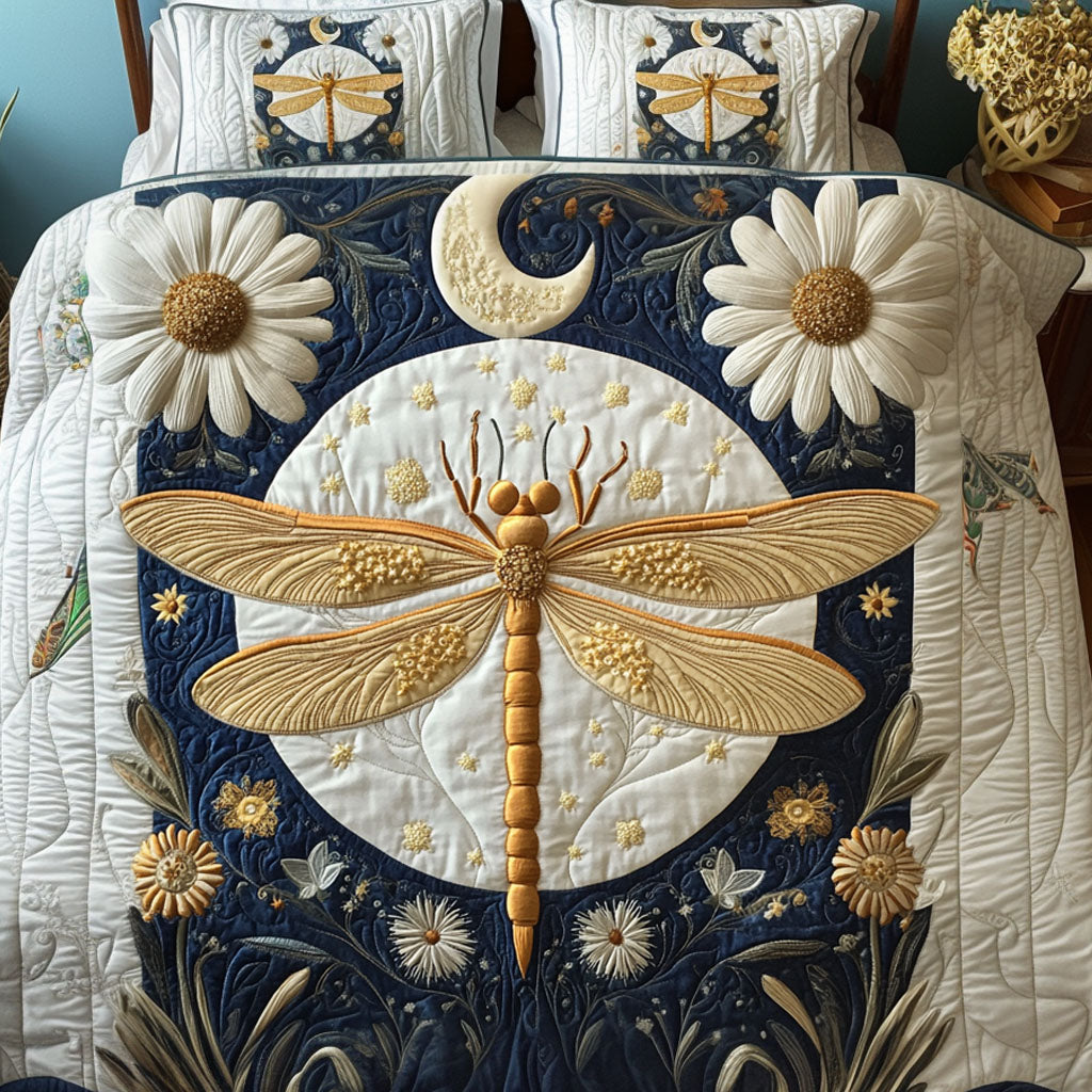 Lunar Whimsy Quilted Bedding Set Cozy Bedroom Decor Dragonfly Gift Ideas