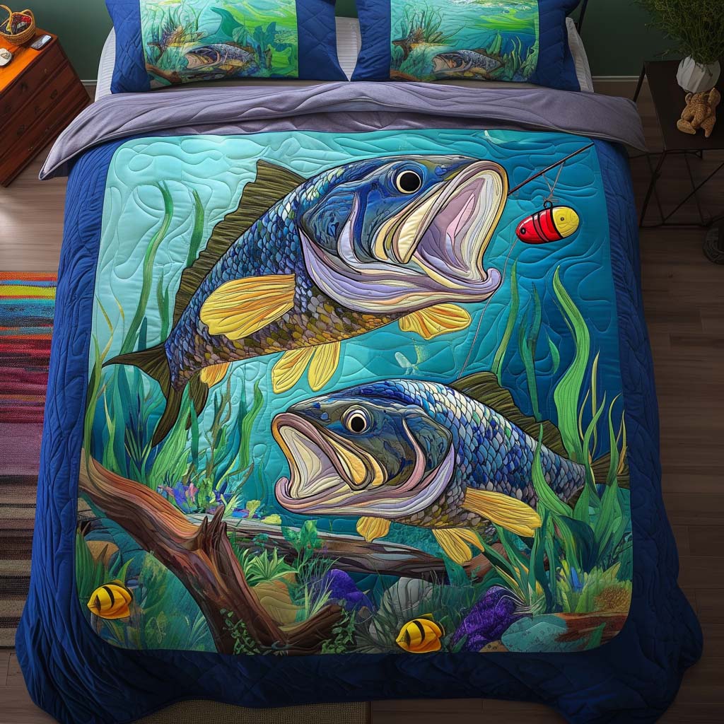 Lure of the Deep Quilted Bedding Set Cute Bedroom Decor Birthday Gifts For Fishing Lovers