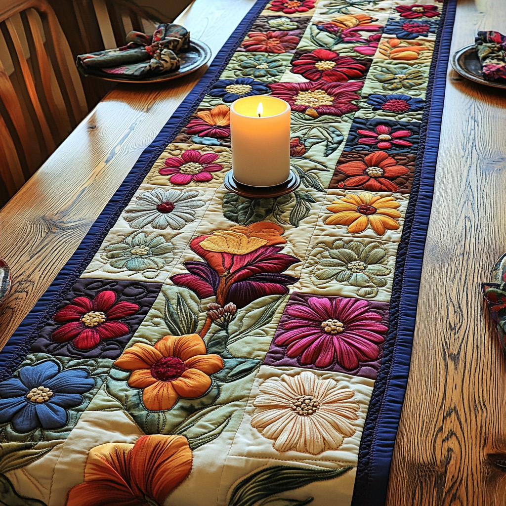 Lush Flowers Quilted Table Runner Dining Decor Gifts For The Flower Lover