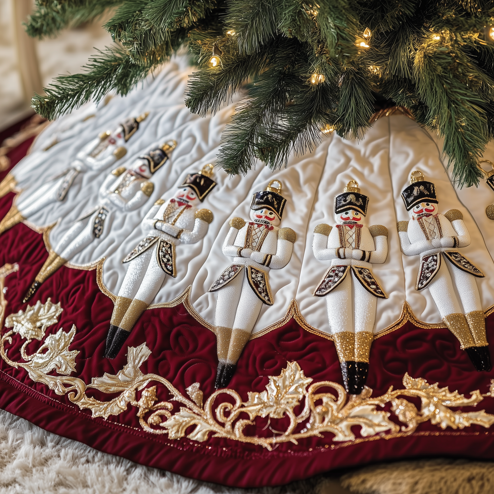 Luxurious Nutcracker Christmas Tree Skirt Quilted Holiday Gift for Traditional Christmas Home Decor