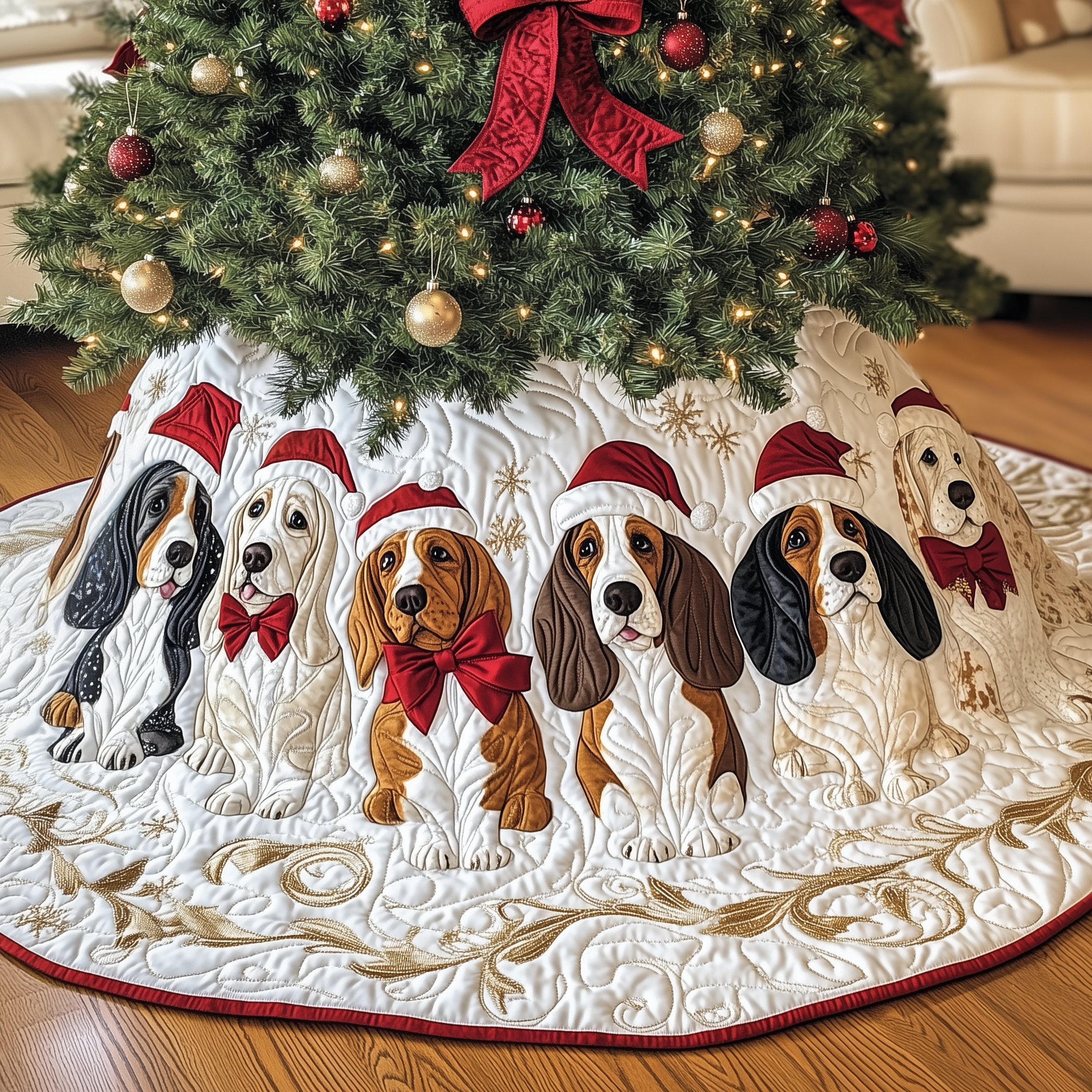 Luxury Basset Hound Christmas Tree Skirt Quilted Holiday Decor Gift for Dog Families