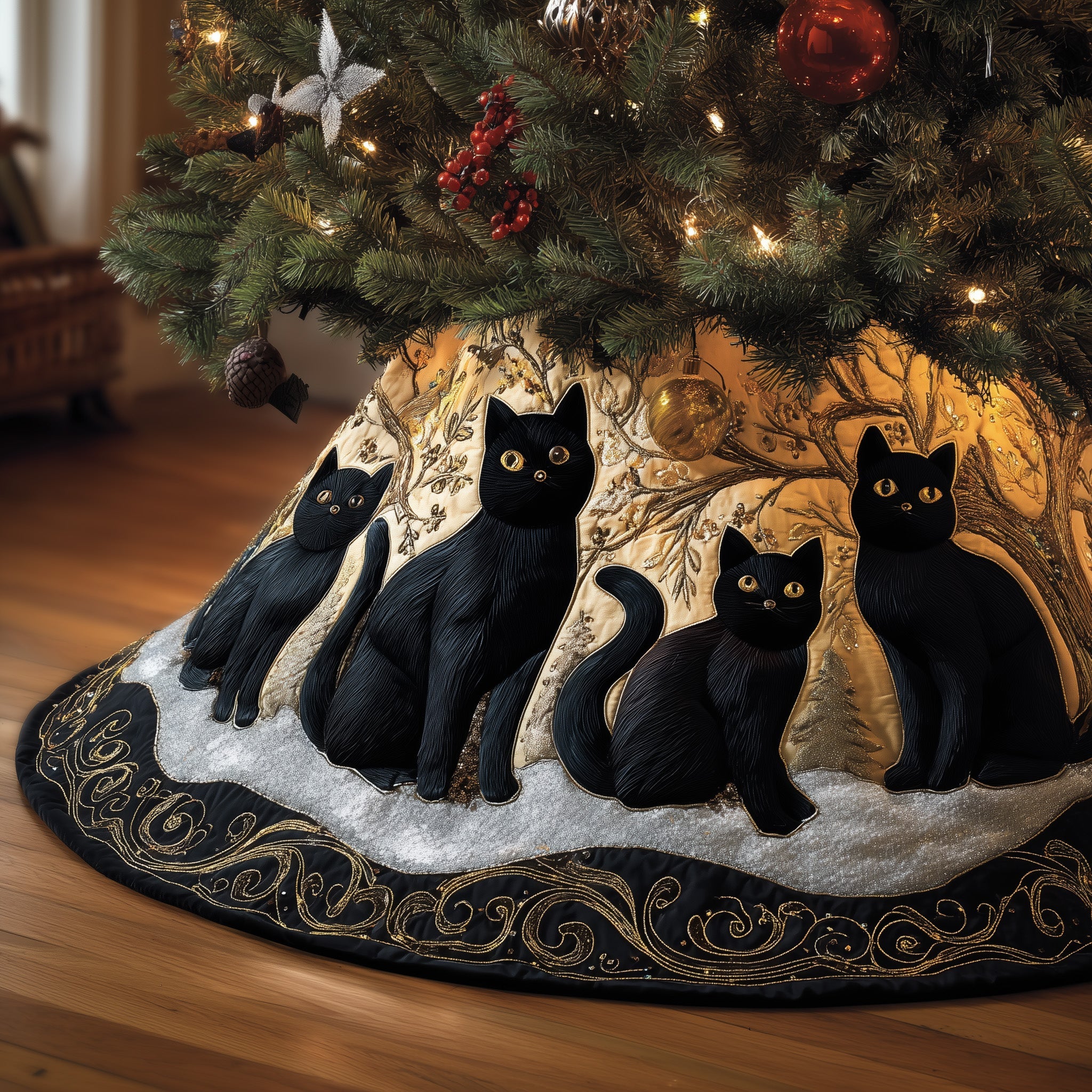 Luxury Black Cat Christmas Tree Surround Quilted Pet Lover Holiday Decor and Gift for Home