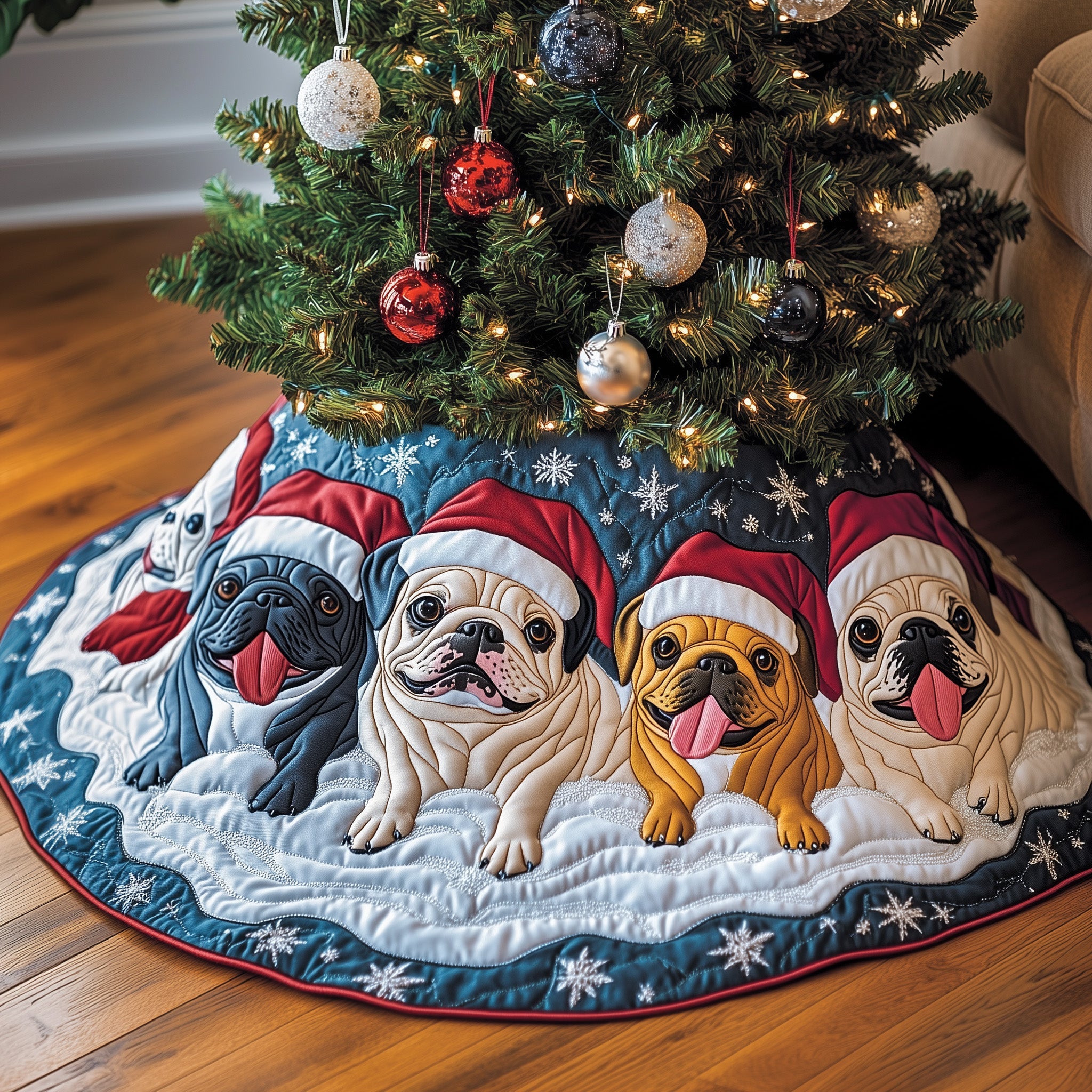 Luxury Bulldog Christmas Tree Skirt Vibrant Quilted Dog Design Holiday Gift for Owners