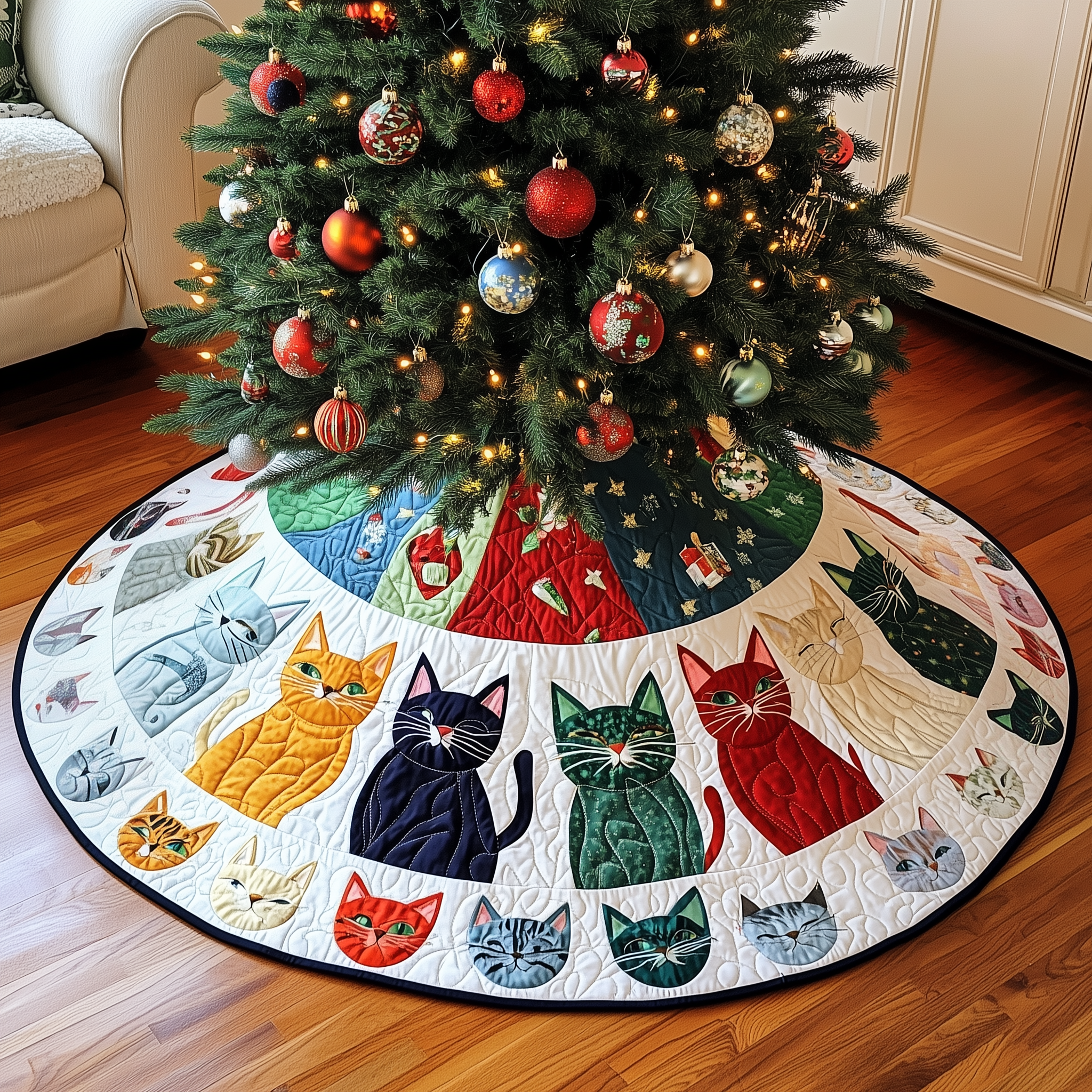 Luxury Cat Christmas Tree Skirt Handcrafted Quilted Holiday Decor Gift for Pet Owners
