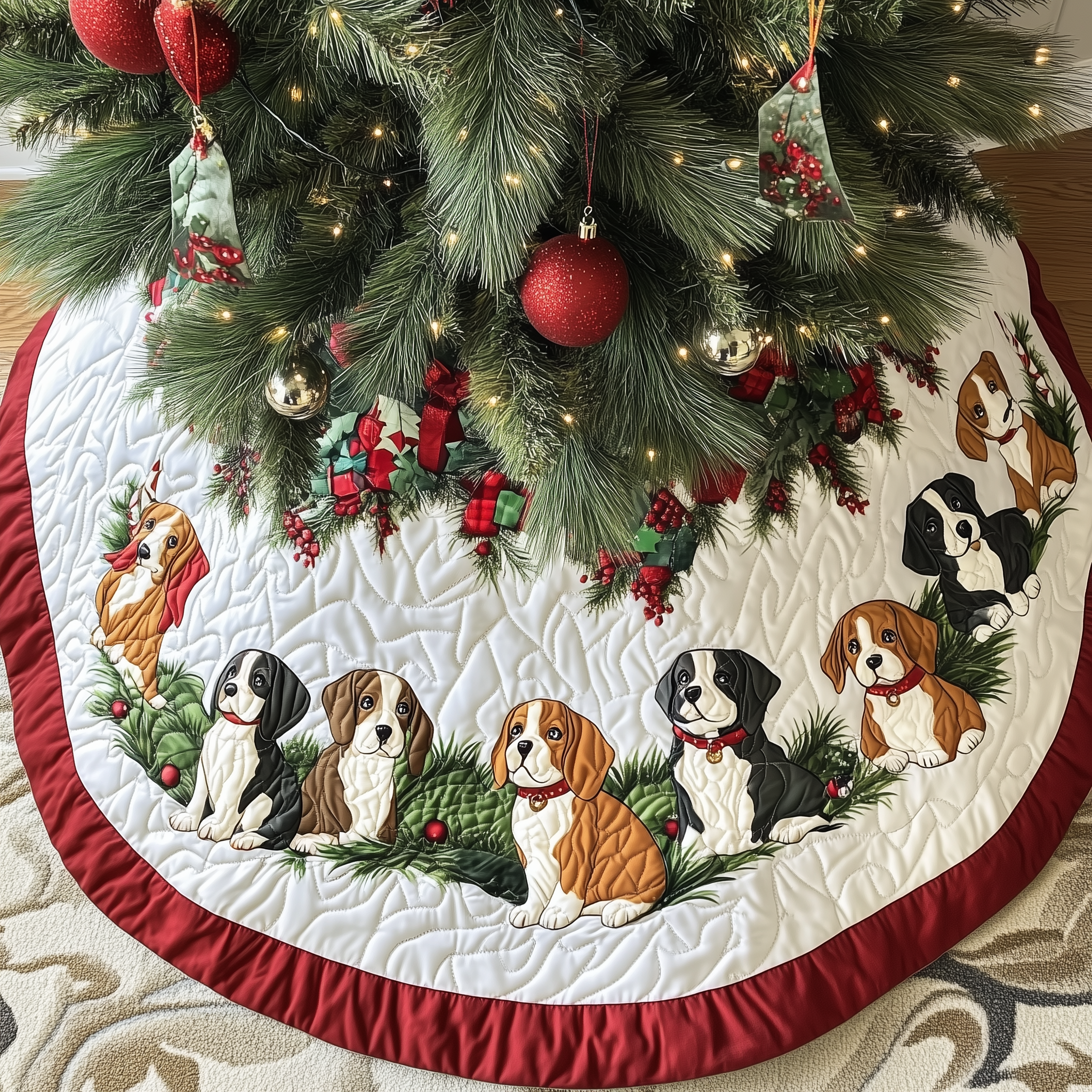 Luxury Dachshund Christmas Tree Skirt Quilted Santa Dog Pattern Holiday Decoration Gift