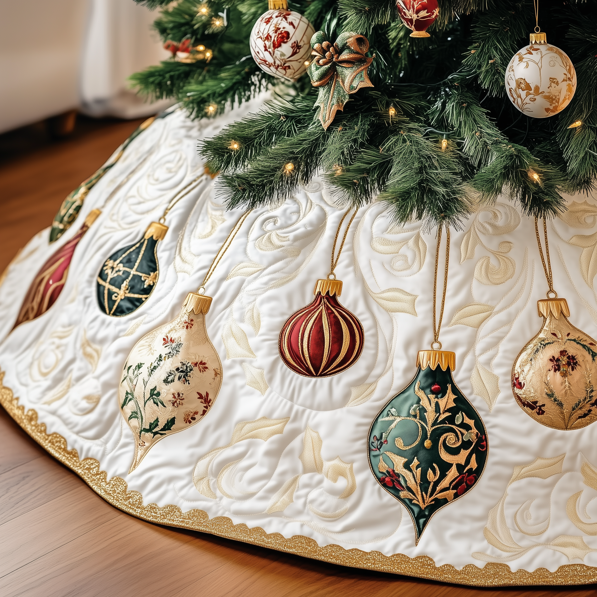 Luxury Ornament Target Tree Skirt Quilted Handmade Holiday Gift with Red and Gold Embroidered Design