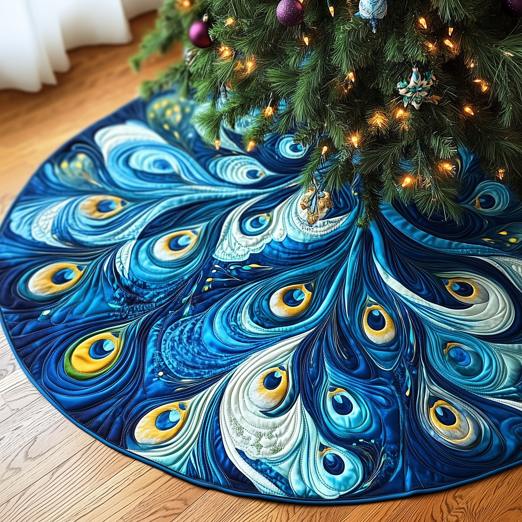 Luxury Peacock Christmas Tree Skirt Quilted Handmade Holiday Gift with Blue and Gold Feather Design