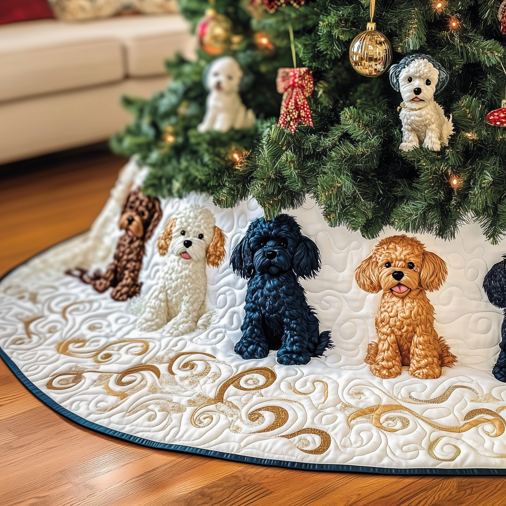 Luxury Poodle Dog Xmas Tree Base Cover Quilted Holiday Decor Gift for Dog Owners