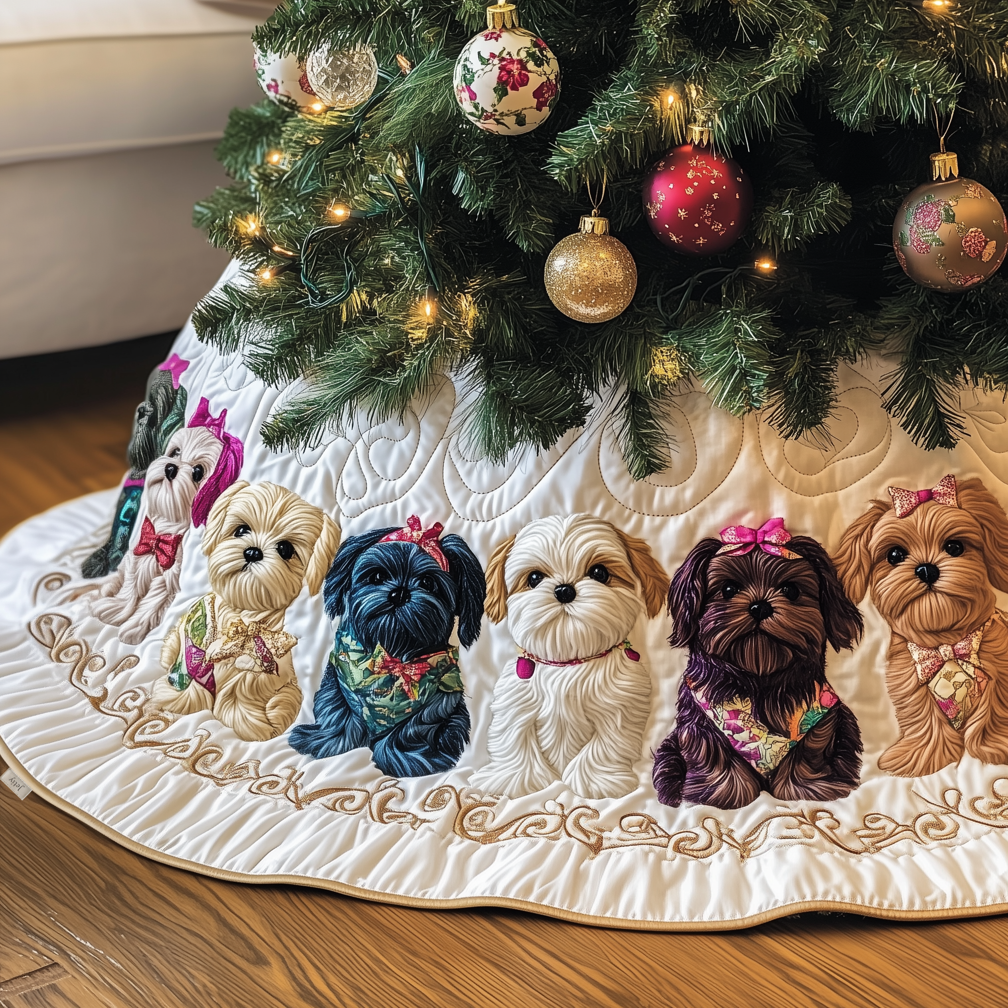 Luxury Quilted Puppy Christmas Tree Base Cover Perfect Holiday Gift for Pet and Dog Owners