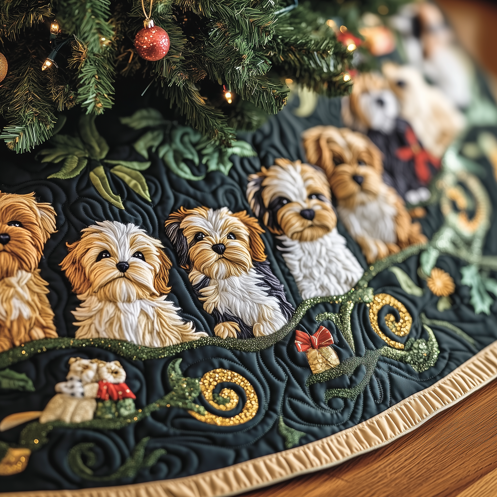 Luxury Shih Tzu Christmas Tree Skirt Cozy Quilted Dog Pattern Holiday Decor Gift