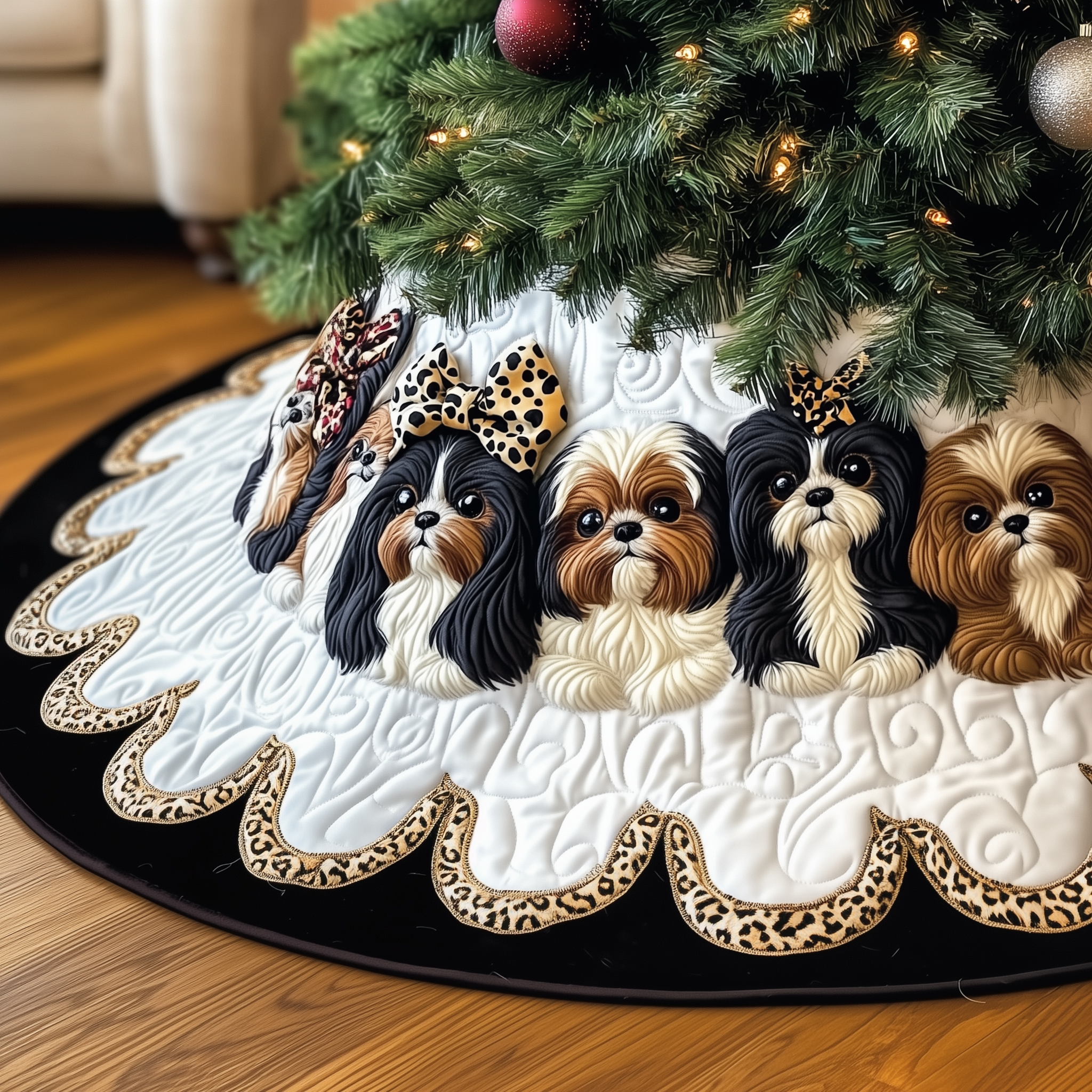 Luxury Shih Tzu Dog Tree Skirt Quilted Holiday Decoration and Gift for Pet Owners