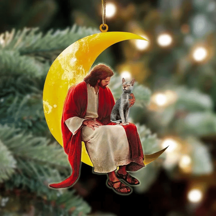 Lykoi And Jesus Sitting On The Moon Hanging Acrylic Ornament for Cat Lovers