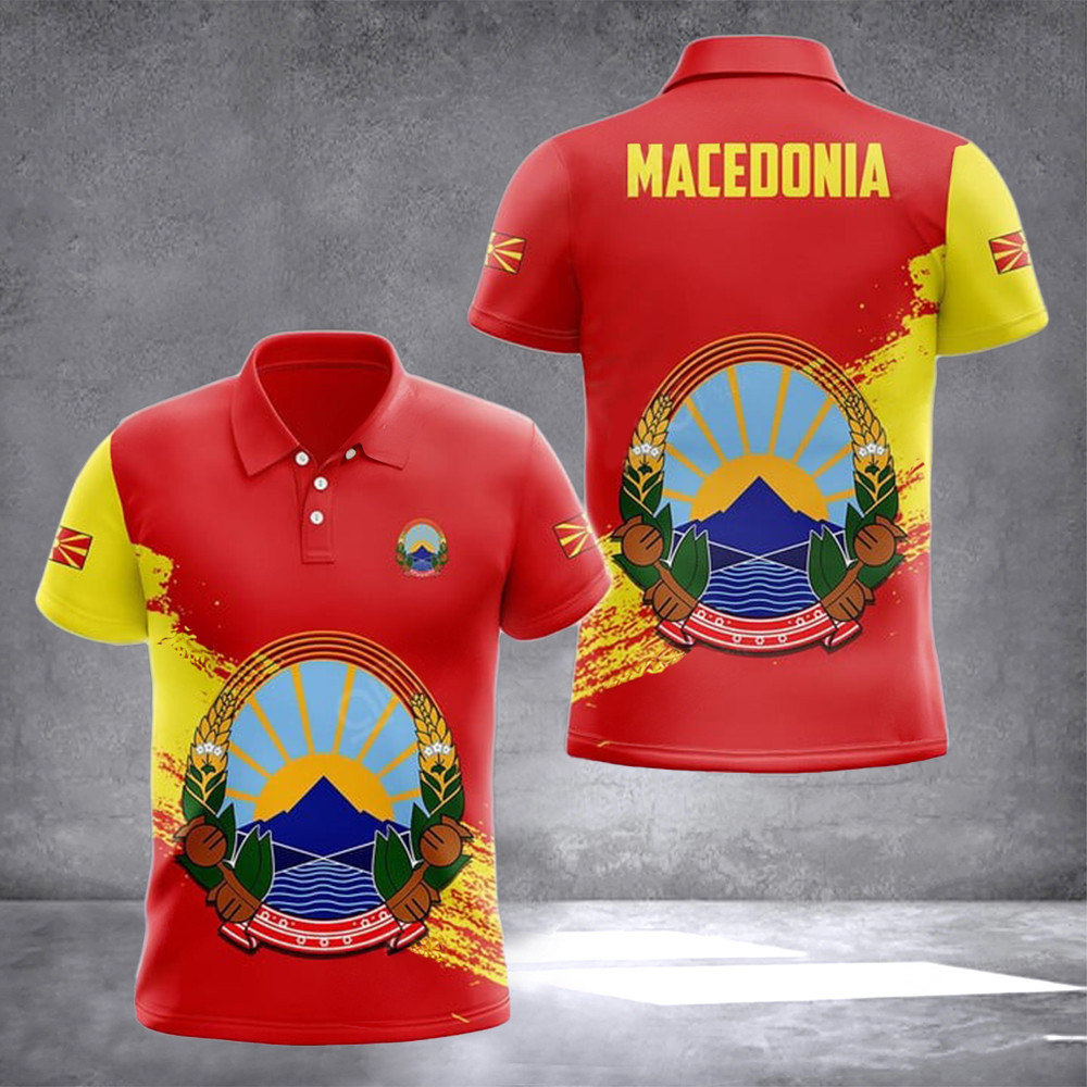 Macedonia Coat Of Arms Polo Shirt Macedonian Flag Crest Emblem Golf Polo For Men